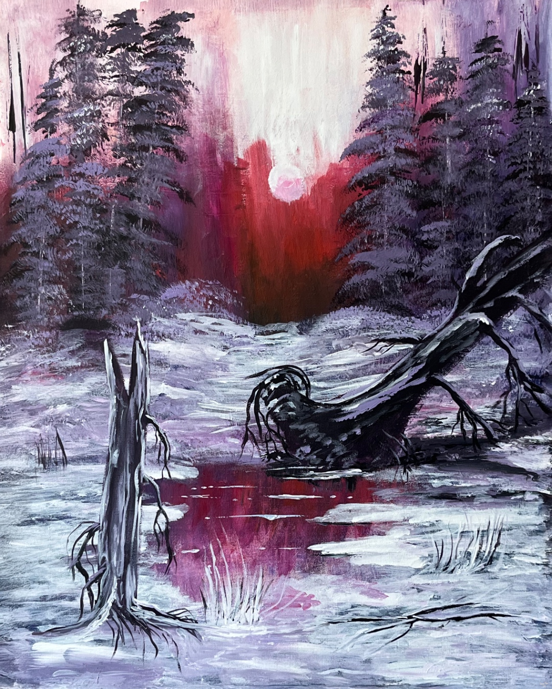 Crimson Dusk — dramatic winter scene in purple and red