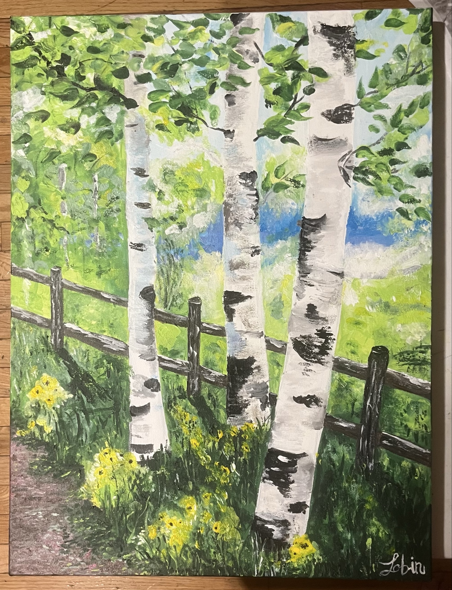 Along the Fence — birch trees and wildflowers beside a rustic fence