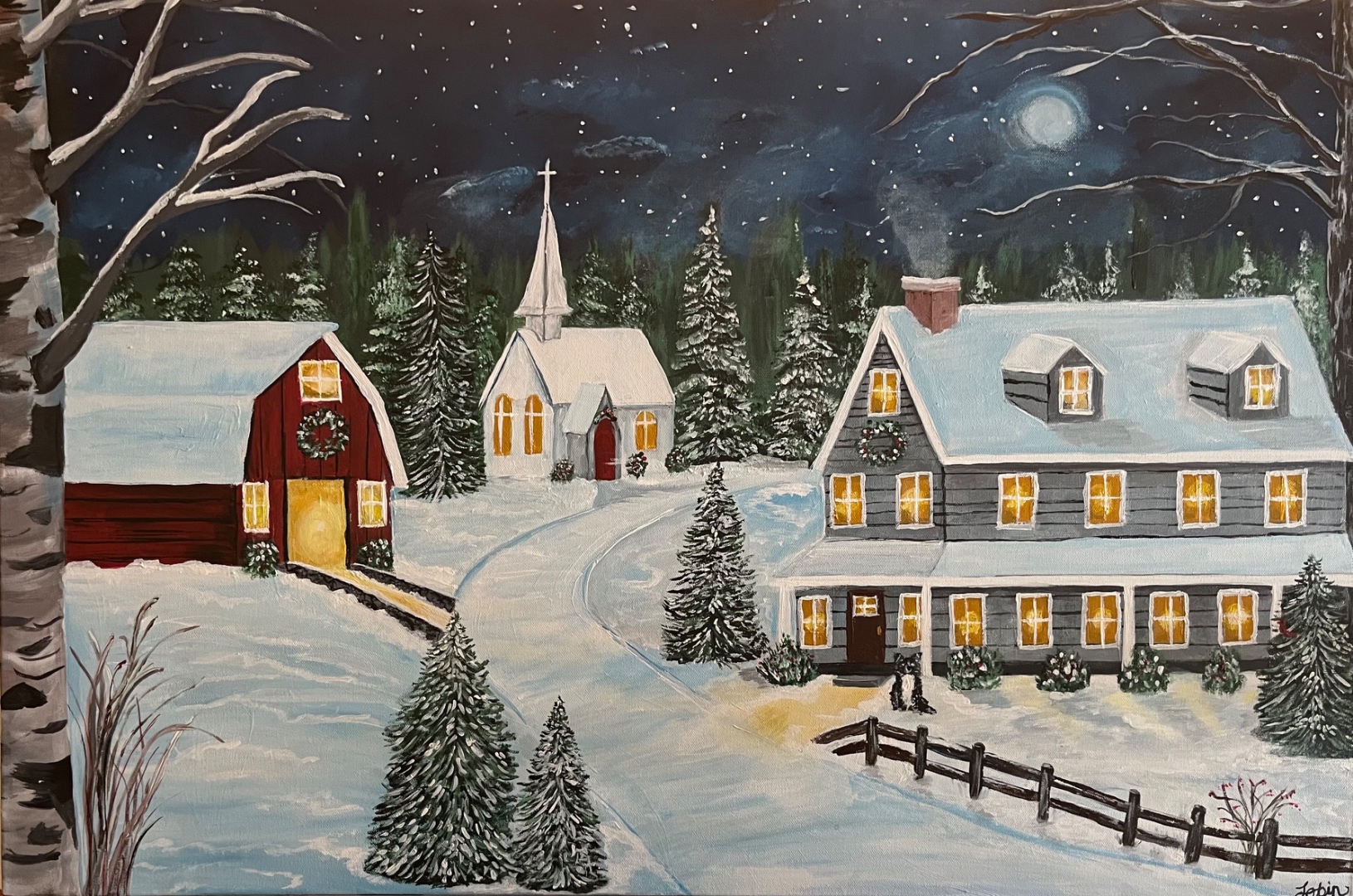 Silent Night — a snowy village at night with a glowing church and barn