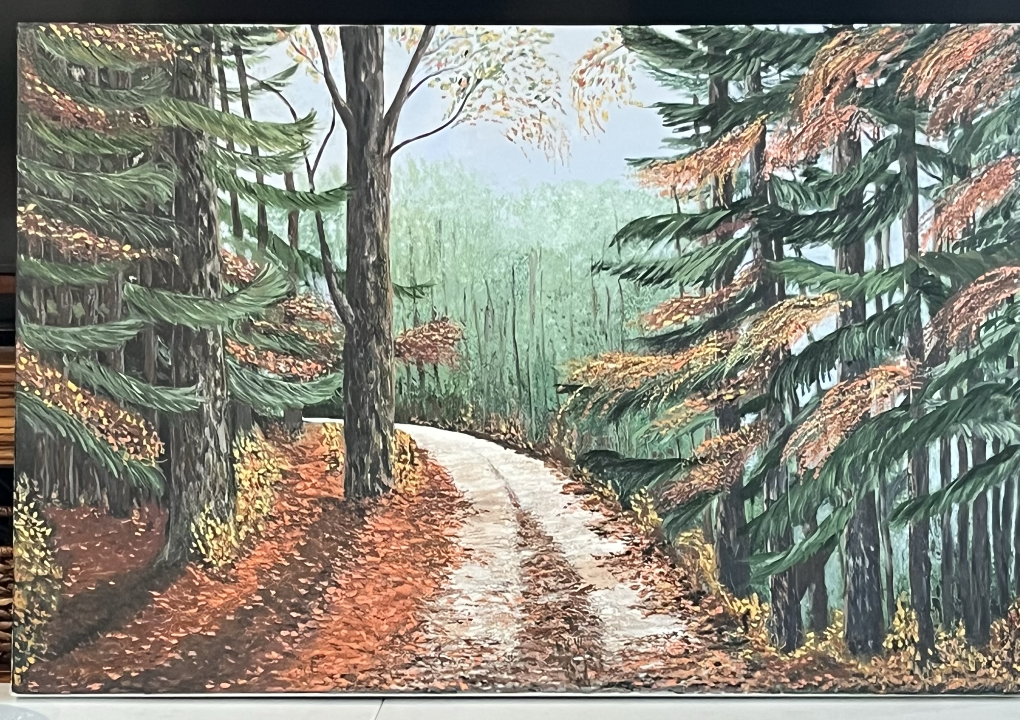 Autumn Lane — winding dirt road in fall foliage