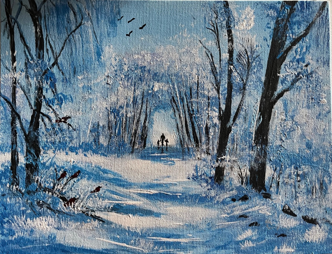 A Walk in Winter — family silhouettes on a snow-covered path