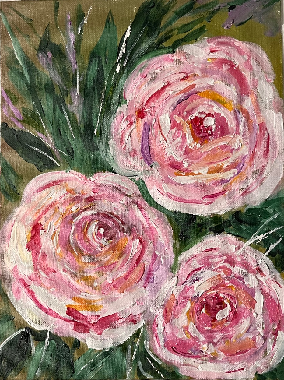 Three Blooms — expressive pink peonies on olive background