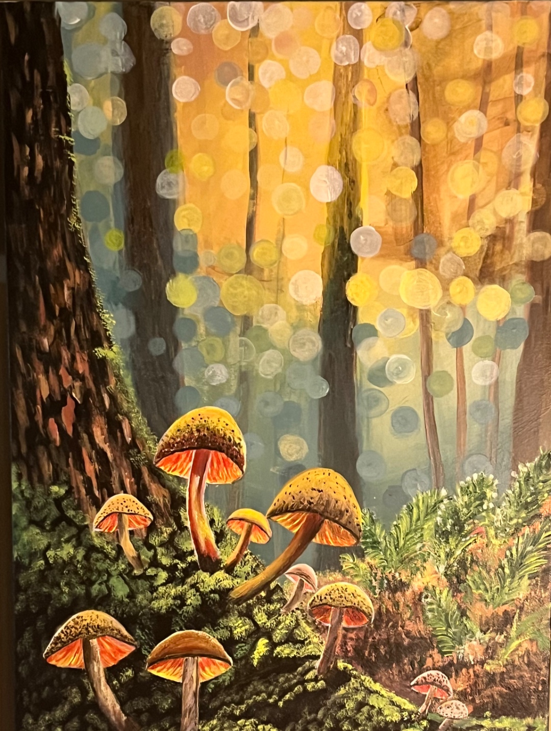 Forest Floor — whimsical mushrooms in golden bokeh light