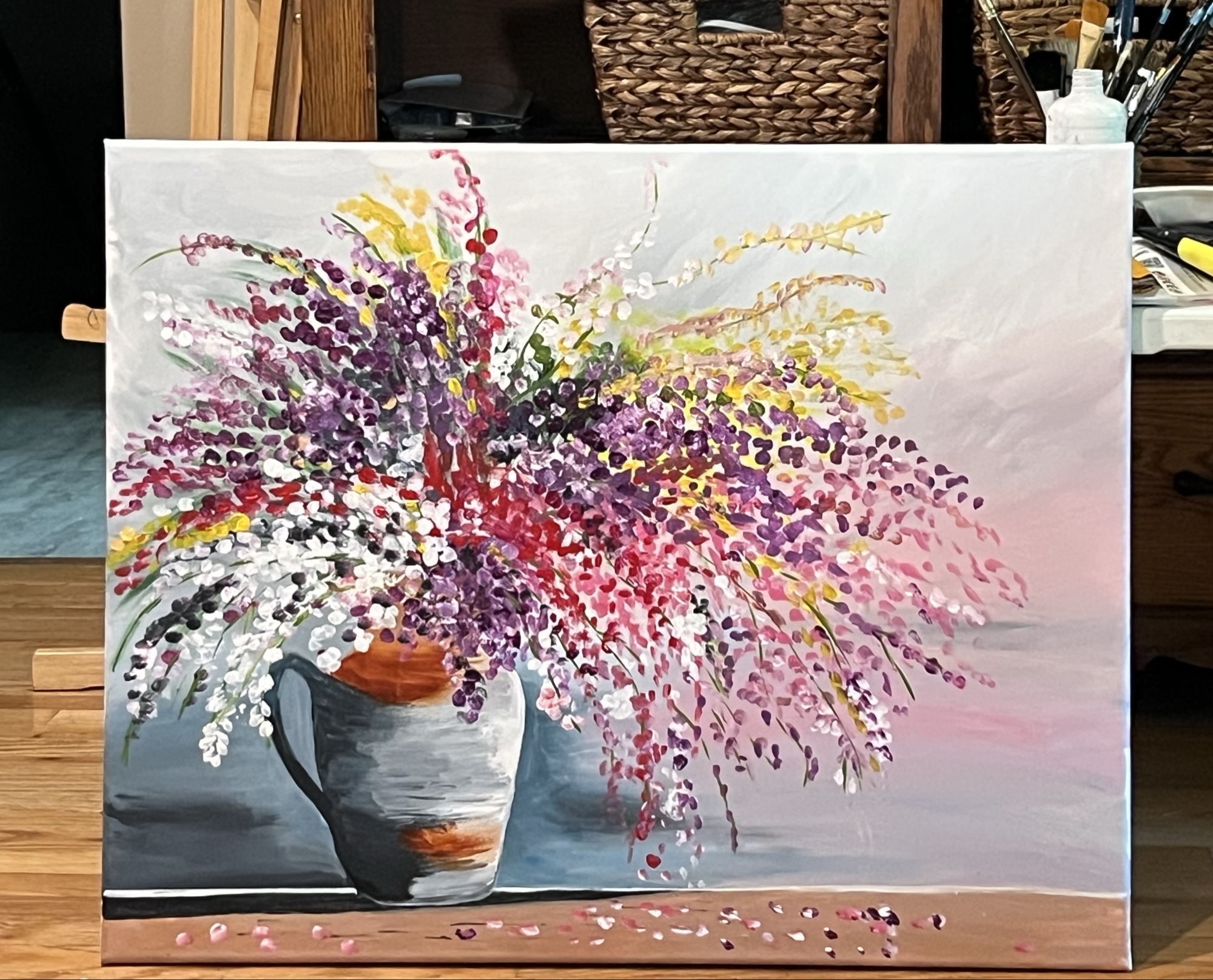 Wildflower Heart — colorful wildflower bouquet in a gray pitcher