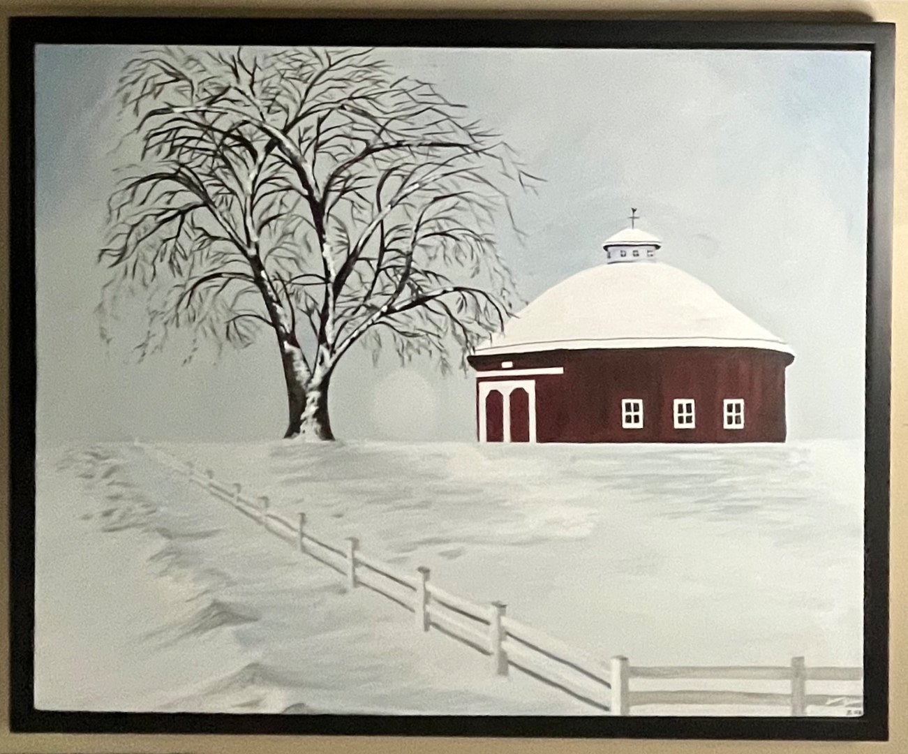 Indiana Winter — historic red round barn near Huntington, Indiana in snow