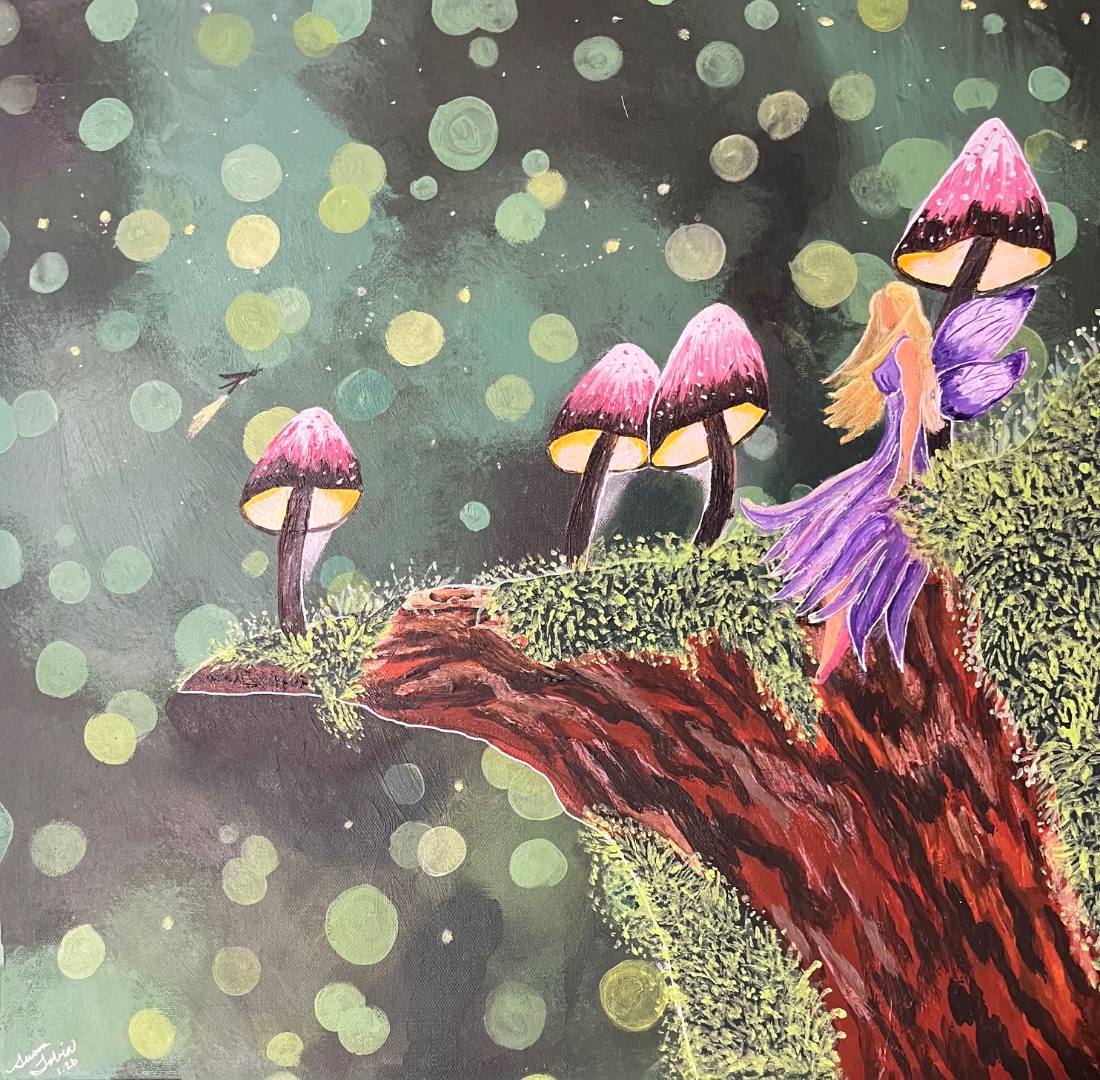 Woodland Fairy — a fairy perched on a mossy branch among glowing mushrooms in a magical forest