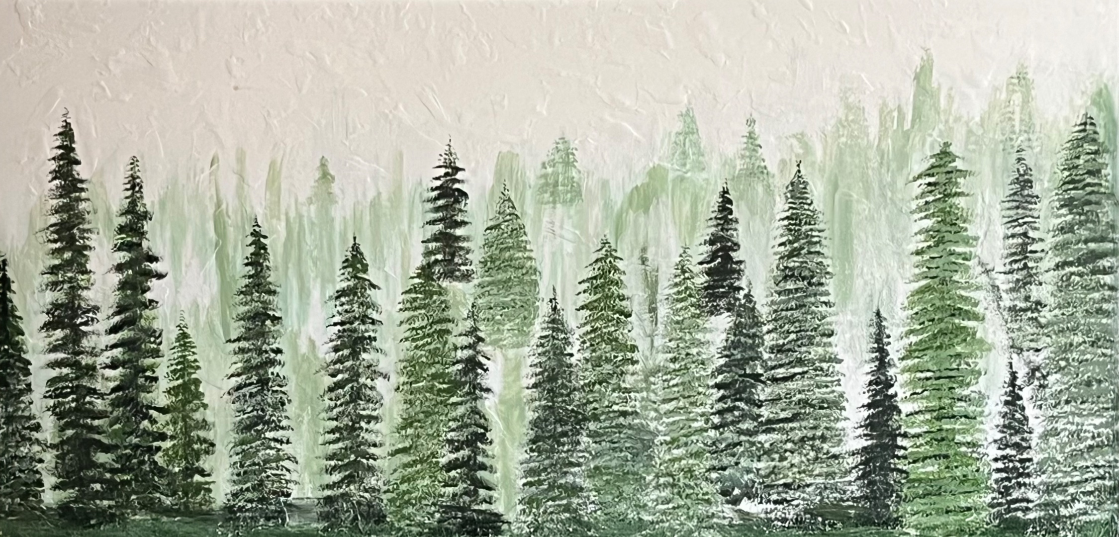 Whispers of Ethereal Pines — misty green pines fading into a pale sky, 24x48 triptych
